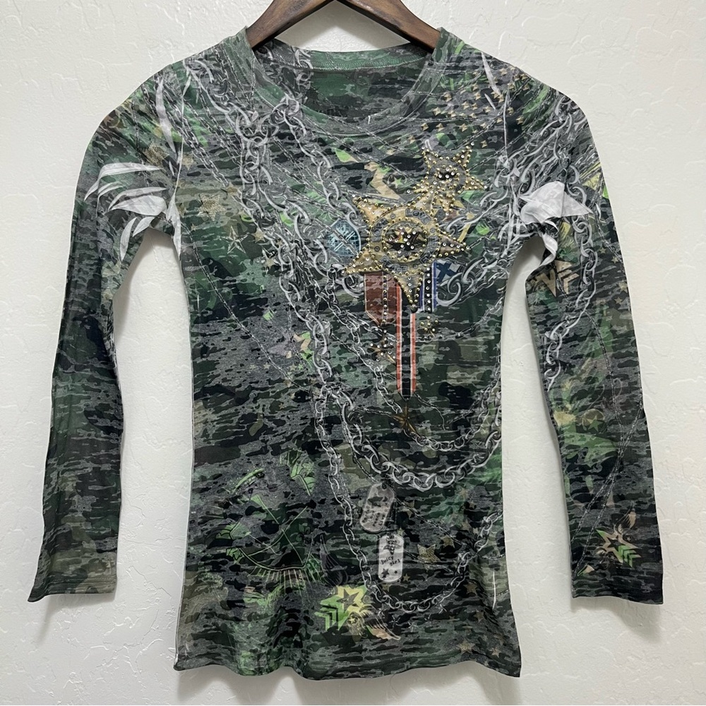 Women’s S Green Camo Army Rhinestones Long Sleeve Shirt